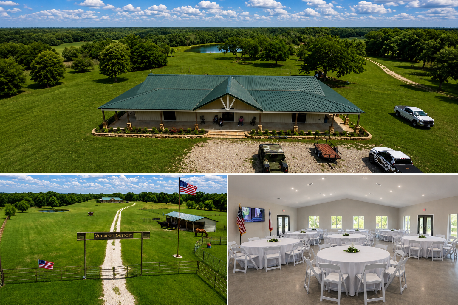 Aerial view of the Veterans Outpost retreat building, entrance gate, and event hall